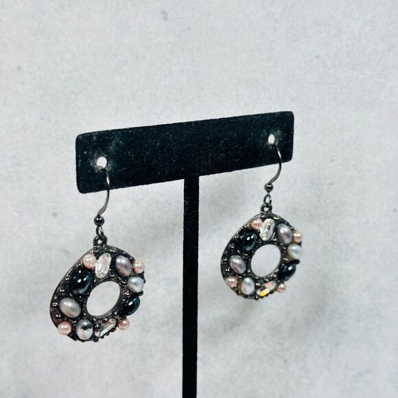 Chicos Earrings Faux Pearl Crystal Cabochons Gray Dangle 1" Pierced Ear Jewelry - Picture 4 of 9